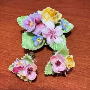 Vintage Floral English Porcelain Brooch and Earring Set